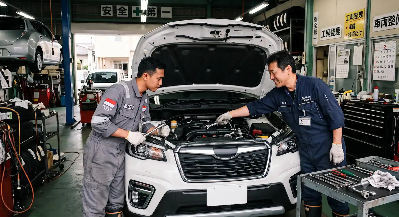 自動車のエンジンルームを点検・整備する様子